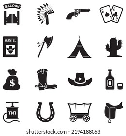 Wild West Icons. Black Flat Design. Vector Illustration.