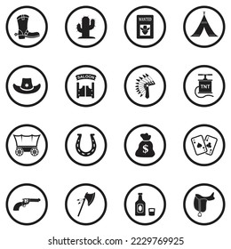 Wild West Icons. Black Flat Design In Circle. Vector Illustration.