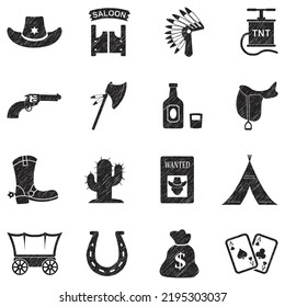 Wild West Icons. Black Scribble Design. Vector Illustration.