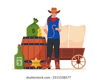 Composición de iconos del Salvaje Oeste. Elementos occidentales y vaqueros. Símbolos de Texas. Vector