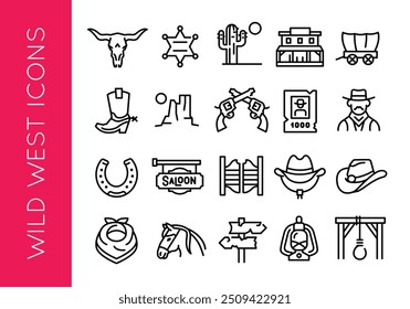 Iconos del Salvaje Oeste. Conjunto de 20 iconos mínimos de moda Wild West. Sombrero de vaquero, salón, insignia del sheriff, herradura, Revólveres iconos. Signos de diseño para la página de Web, App móvil, diseño de embalaje. Ilustración vectorial