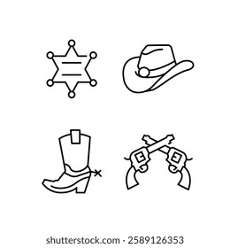 Wild West icons. Set of 4 Wild West trendy minimal icons. Cowboy hat, Saloon, Sheriff badge, Horseshoe, Revolvers icons. Design signs for web page, mobile app, packaging design. Vector illustration