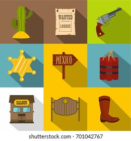 Wild west icons set. Flat set of 9 wild west vector icons for web with long shadow