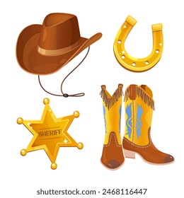 Wild west icons set includes golden horseshoe, cowboy hat and boots, sheriff badge isolated on white background.