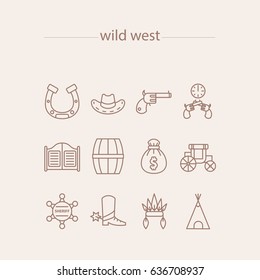 Wild west icons set with such icons as horseshoe, Sheriff's hat, revolver, duel, saloon, gate, barrel; cask, money bag, Stagecoach, Sheriff's badge, Sponges, Indian hat, indian tent