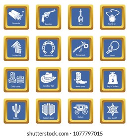 Wild west icons set vector blue square isolated on white background 