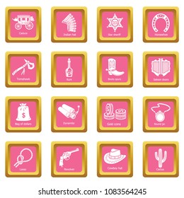 Wild west icons set vector pink square isolated on white background 
