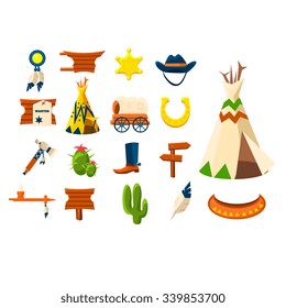 Wild west icons set. Vector illustration of cowboy objects 
