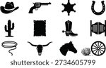 Wild west icons vector set in black silhouette style, with cowboy hat, revolver, sheriff star, horseshoe, cactus, wanted poster, boots, saloon doors, lasso, bull skull, horse head and wagon wheel, perfect for western themed posters, games, logos and t shirt designs.