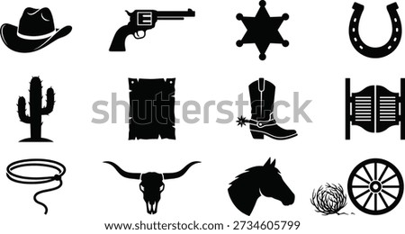 Wild west icons vector set in black silhouette style, with cowboy hat, revolver, sheriff star, horseshoe, cactus, wanted poster, boots, saloon doors, lasso, bull skull, horse head and wagon wheel, perfect for western themed posters, games, logos and t shirt designs.