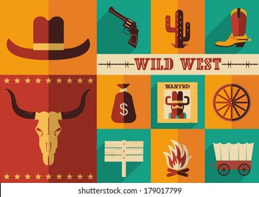 Wild West Icons.Vector Illustration Of Cowboy Objects In Flat Design Style