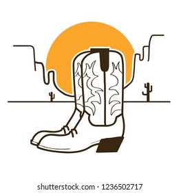 Wild West illustration with cowboy boots on American desert and sun on white background