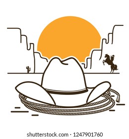 Wild West illustration with cowboy western hat and lasso on American desert and sun on white background