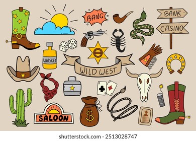 Wild West illustration set with cactus, cowboy hat, cow skull, game cards, scorpio and etc.  Perfect for western-themed designs, posters, merchandise, and decor.