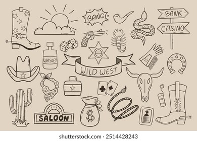 Wild West illustration set with cactus, cowboy hat, cow skull, game cards, scorpio and etc.  Perfect for western-themed designs, posters, merchandise, and decor.