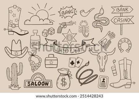 Wild West illustration set with cactus, cowboy hat, cow skull, game cards, scorpio and etc.  Perfect for western-themed designs, posters, merchandise, and decor.