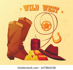 Wild west illustration. Vector elements, cartoon style. Gold, cowboys, robberies. Retro, vintage.