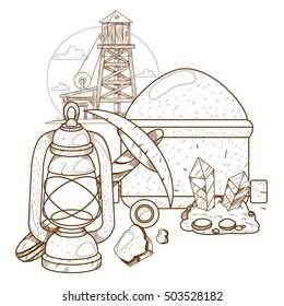 Wild west illustrations for coloring mining. Old mine. Mining equipment.