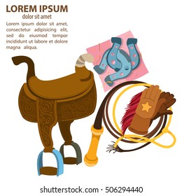 Wild west illustrations. Wagon, horse, lasso and horseshoes.