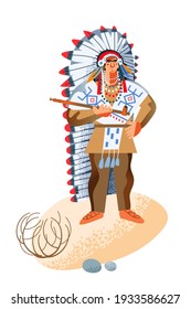 Wild west indian american man smoking with pipe. Western native person with object vector illustration. Young guy warrior standing in costume isolated on white background.