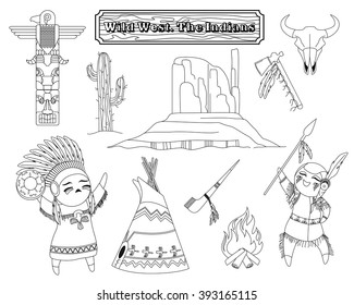 Wild West. Indians: the totem pole, skull, Tomahawk, pipe, warrior, shaman, bonfire, Lodge, mountain, cactus