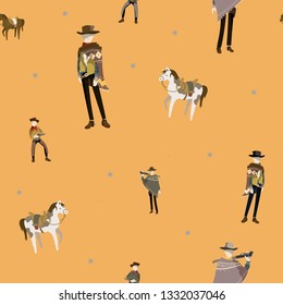 Wild West inspired cowboy seamless pattern. Cute illustration of cowboys & horses for crafts, gifts, stationery, fabric, and design.