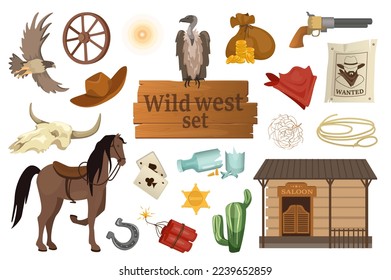 Wild West isolated elements set in flat design. Bundle of eagle, wooden wheel, cowboy hat, sun, vulture sits on signboard, bag with gold coins, wanted poster, revolver and other. Vector illustration.