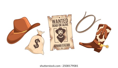 Artículos Del Salvaje Oeste Que Incluyen Un Sombrero De Vaquero, Cartel Buscado, Bolsa De Dinero, Lazo Y Bota, Colección De Elementos Occidentales