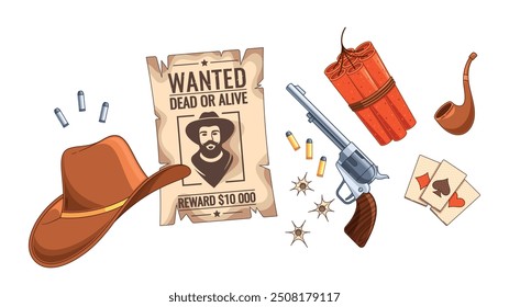 Wild West Items Including Wanted Poster, Gun, Hat And Cards Deck. Cartoon Vector Illustration On White Background