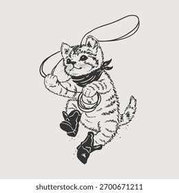 Wild West Kitty Desenho à Mão Arte Ocidental