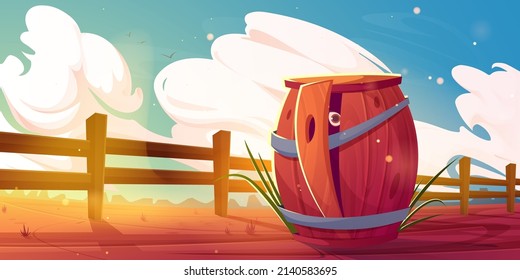 Wild west landscape, american ranch with wooden fence and barrel. Vector cartoon illustration of western desert, country scene with someone hiding in wood barrel