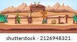 Wild west landscape background, vector western desert illustration, game environment concept. Canyon rock mountains, wooden fence, cow skull, road sign, cactus agave, tumble-weed. Wild west Texas view