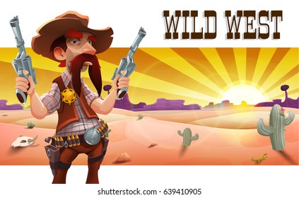Wild west landscape with cool cowboy, desert at sunset and mountains. Vector illustration.