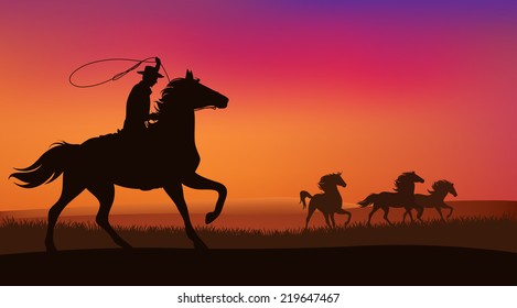 wild west landscape - cowboy chasing the herd of wild mustang horses at sunset - vector scene