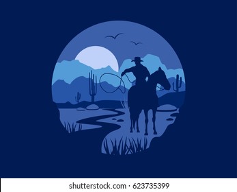 Wild west landscape with cowboy and horse