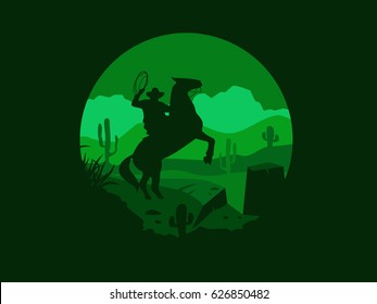 Wild west landscape with cowboy and horse