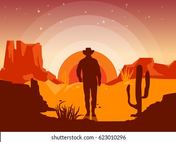 Wild west landscape with cowboy silhouette