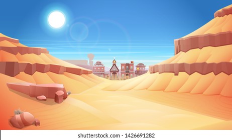 Wild west landscape with desert and mountains. Vector illustration.