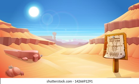 Wild west landscape with desert, mountains and western poster with cowboy face and the inscription is wanted. Vector illustration.