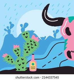 wild west landscape doodle with skull cow