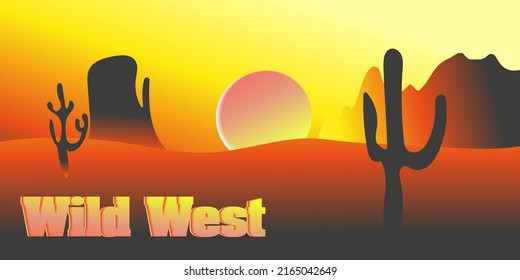Wild west landscape with mountains, cacti and sunset. Vector.