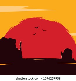 Wild West landscape with mountains and cactus. Sunset in Texas. Vector illustration