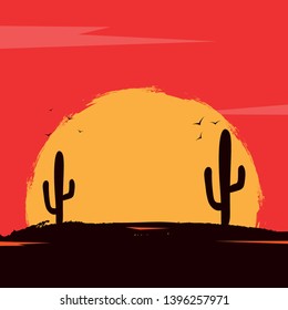 Wild West landscape with mountains and cactus. Sunset in Texas. Vector illustration