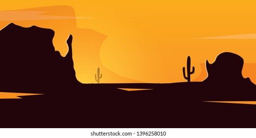 Wild West landscape with mountains and cactus. Sunset at the Texas. Vector illustration