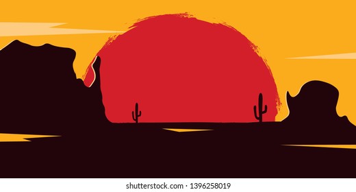 Wild West landscape with mountains and cactus. Sunset at the Texas. Vector illustration