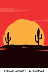 Wild West landscape with mountains and cactus. Sunset at the Texas. Vector illustration