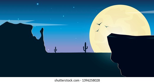 Wild West landscape with mountains and cactus. Sunset at the Texas. Vector illustration