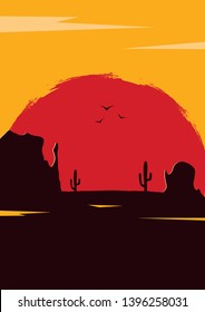 Wild West landscape with mountains and cactus. Sunset at the Texas. Vector illustration