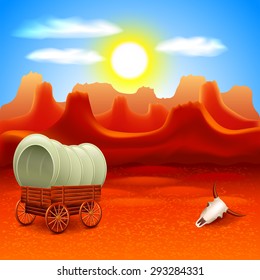 Wild west landscape with old wagon in mountains vector background