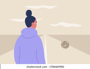 Wild west landscape, a rear view of a  female character looking at a tumbleweed ball, dry climate, emptiness